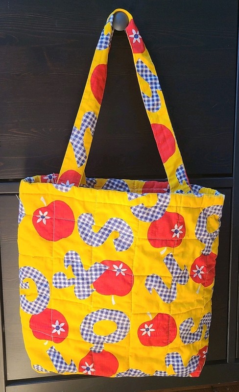 Quilted cotton yellow bag 14″ x15″with apples & letters. Perfect school tote
