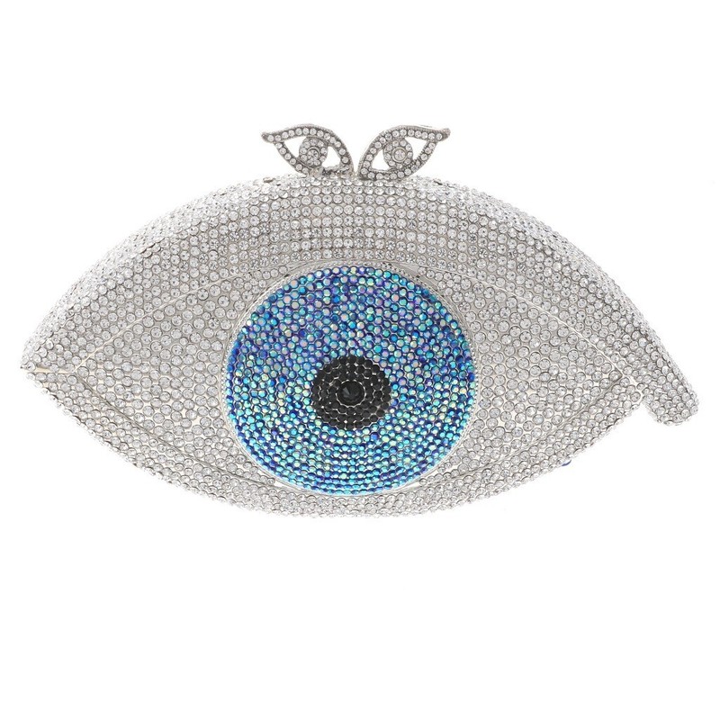 Silver Tone Metal Blue Rhinestone Crystal Clutch Evening Bag HB6091-SBU