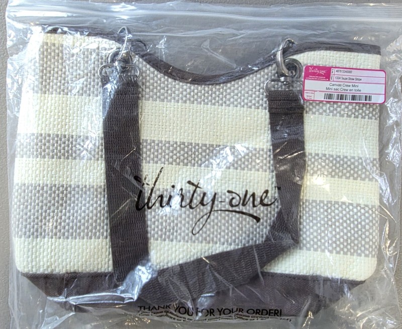 New Thirty One 31 Canvas Crew Mini Tote in 133A Taupe Straw Stripe Bag Purse