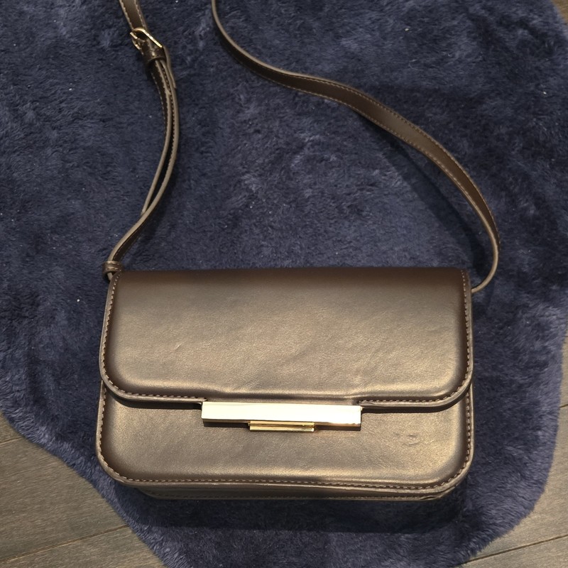 MNG Brown Shoulder Bag Clasp Closure Metal Bar Silver Hardware Accent