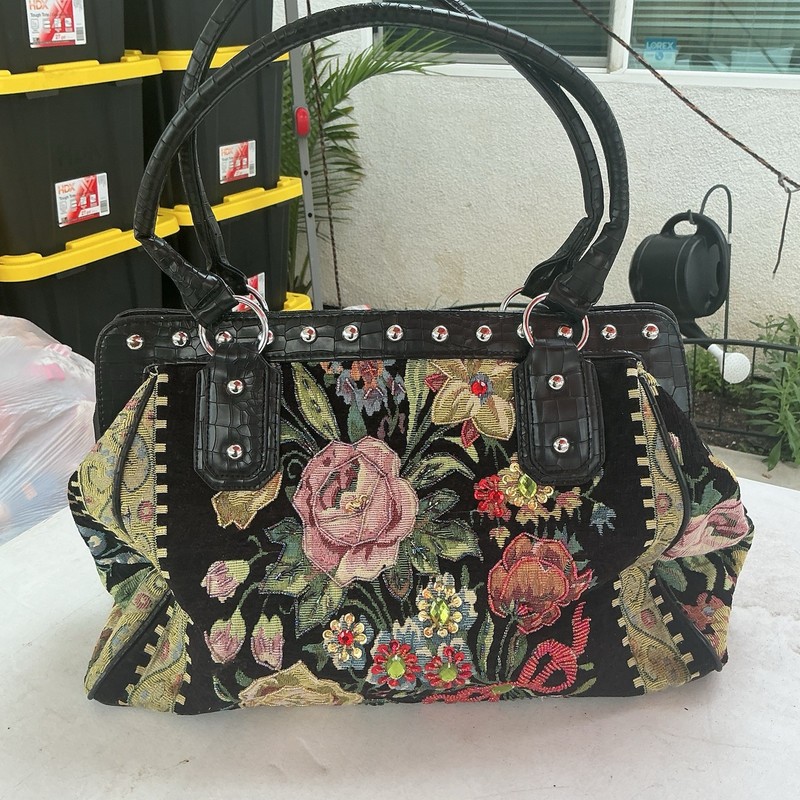 Mellow World Flower Shop Hand-Beaded Weekender Black Purse Bag