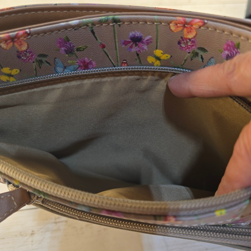 MultiSac Floral Butterfly Print Crossbody Bag Taupe Multi Pocket Messenger Bag gallery