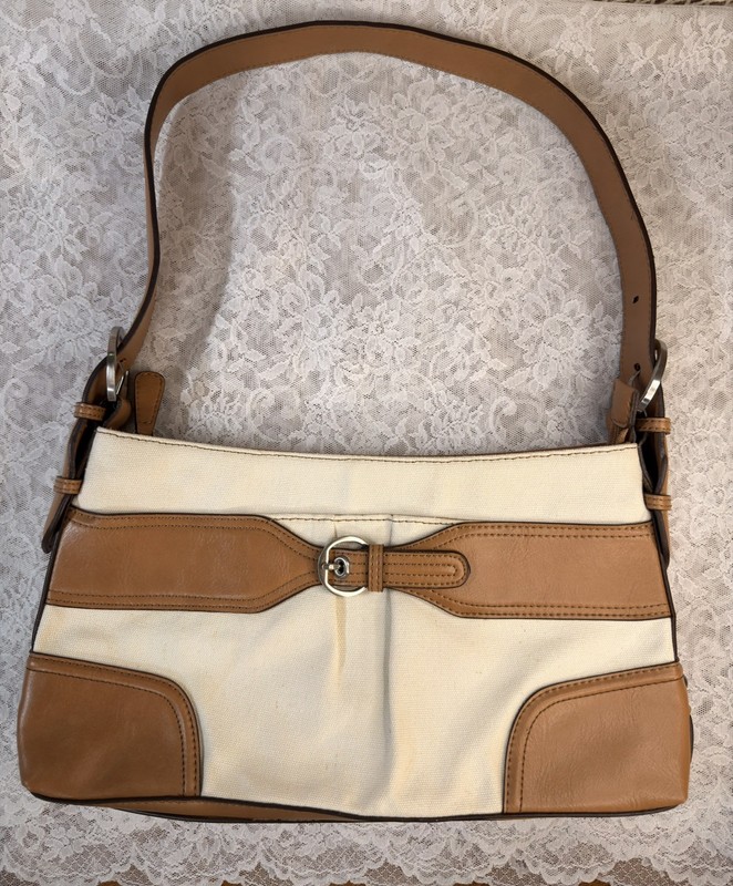 ETIENNE AIGNER Shoulder Handbag Purse Brown Leather Trim Beige Tan Jute Canvas