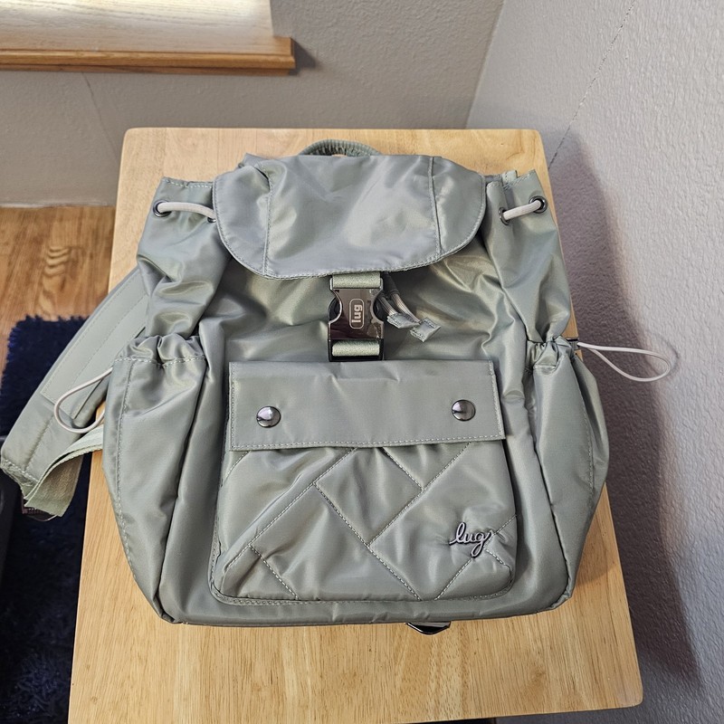 Lug Wiffle Satin VL Green Backpack Flap Buckle Quilted Pocket Travel Everyday
