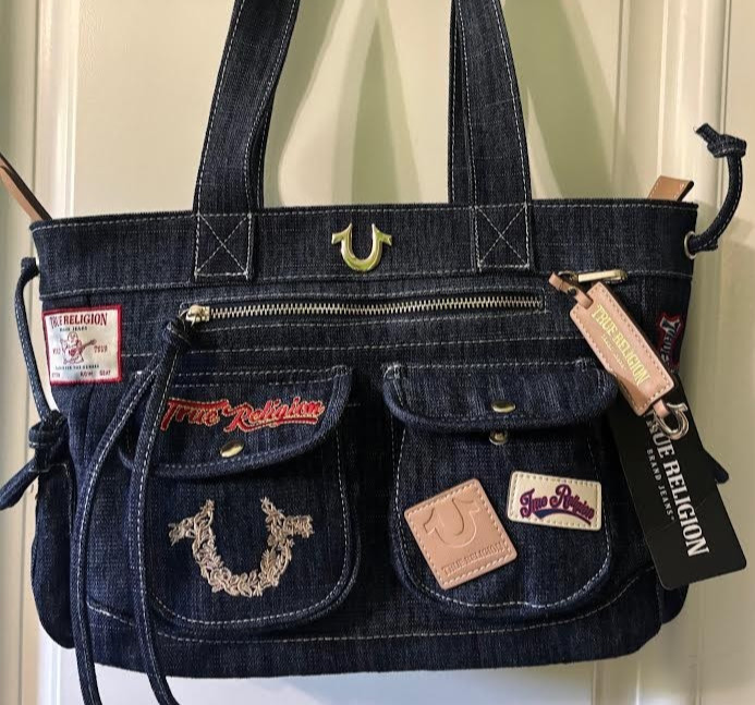 NWT TRUE RELIGION VARSITY PATCHES DARK BLUE DENIM PURSE SHOULDER BAG