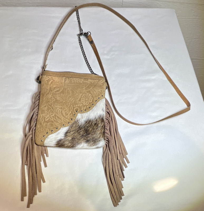 Montana West Tan Small Western Floral Embossed & hair on hide Fringe Crossbody