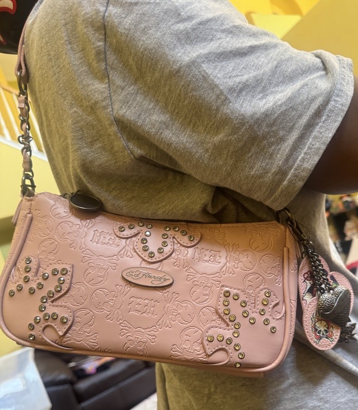 Ed Hardy Pink Shoulder Bag with Charms, Crossbody STRAP & Skull Heart Accents gallery