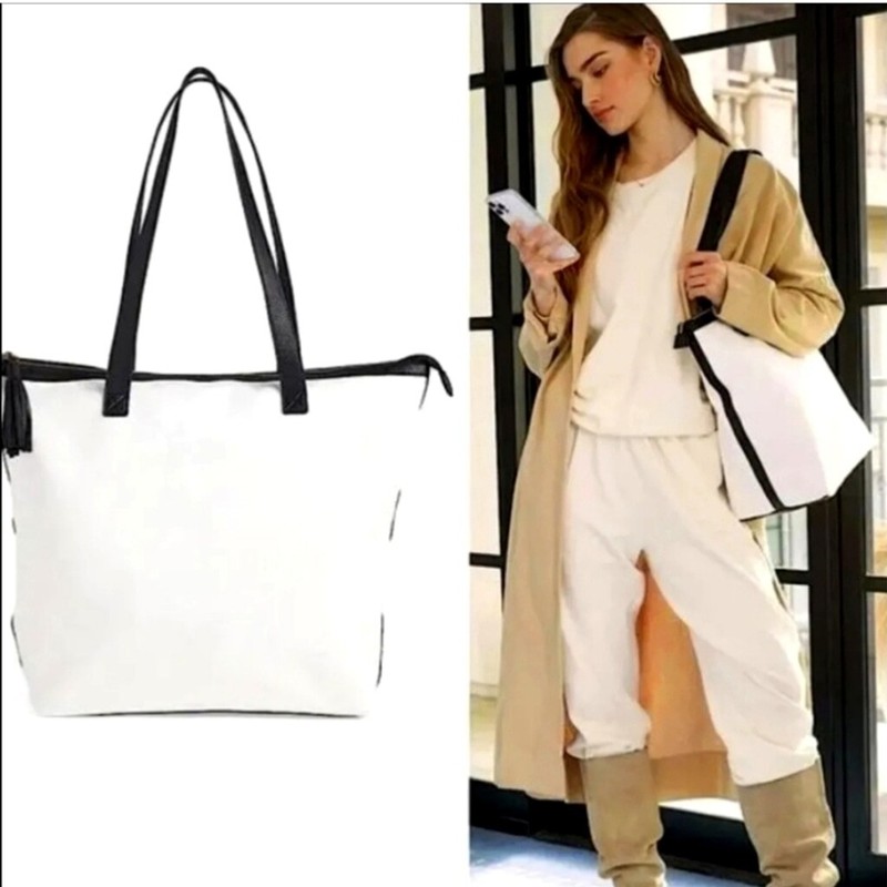 Purse Tote White Canvas Laptop Overnight Travel Shoulder Bag