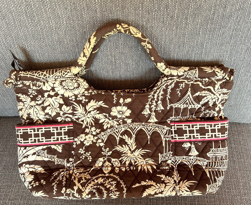 Vintage Vera Bradley Purse Tote Bag Purse Brown White Red Trim Asian Print #10