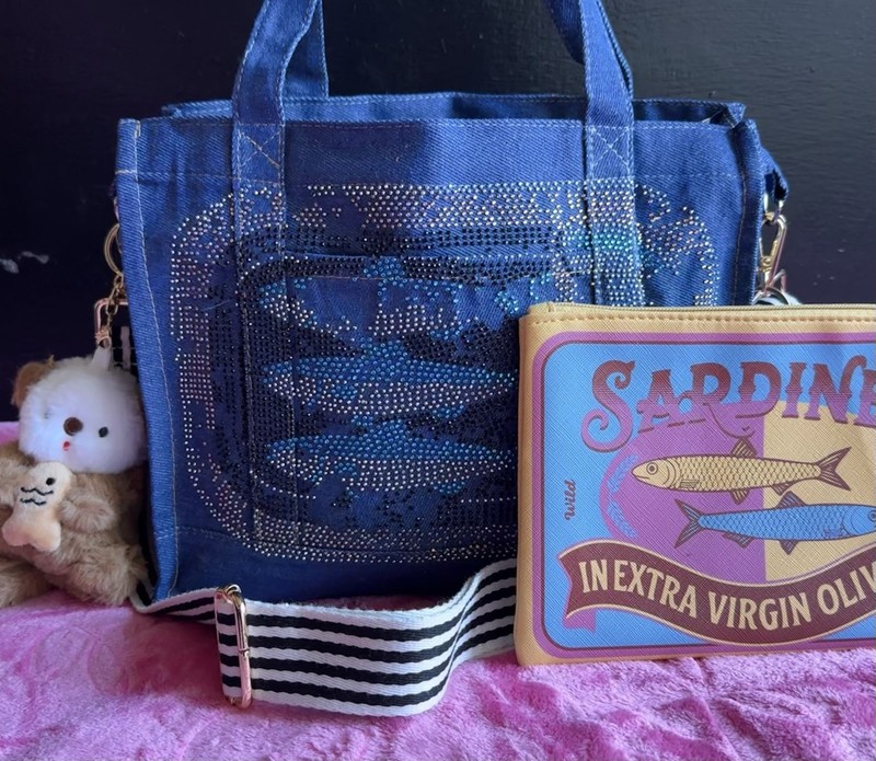Sardine Bag Denim Tote Crossbody Purse Denim Blue Purse Handmade Vintage Style gallery