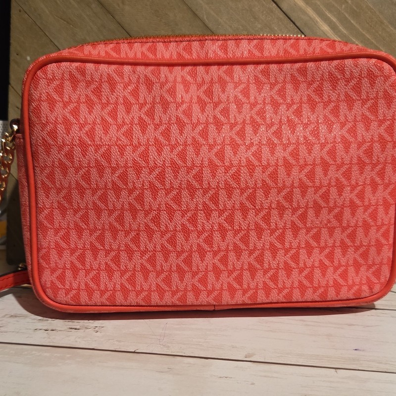 Michael Kors Flamingo Pink Monogram Logo Crossbody Bag Zip Gold Chain gallery