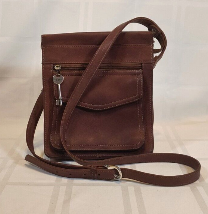 FOSSIL Faded Brown LEATHER Mini Cross Body Shoulder BAG 8″x9″ Adjustable Strap