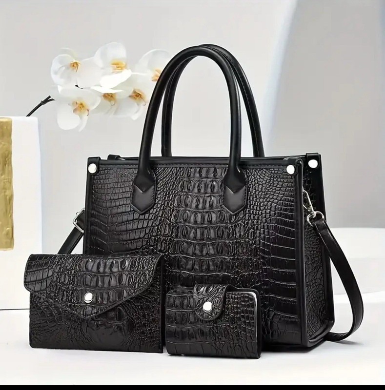 Women’s 3PC Croc Embossed Handbag Set Tote Shoulder Bag Crossbody Wallet Black