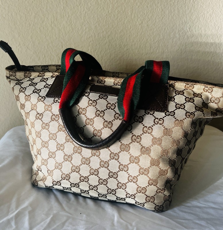 Gucci GG Canvas Web Stripe Handles Beige Brown Monogram Medium Shoulder Bag