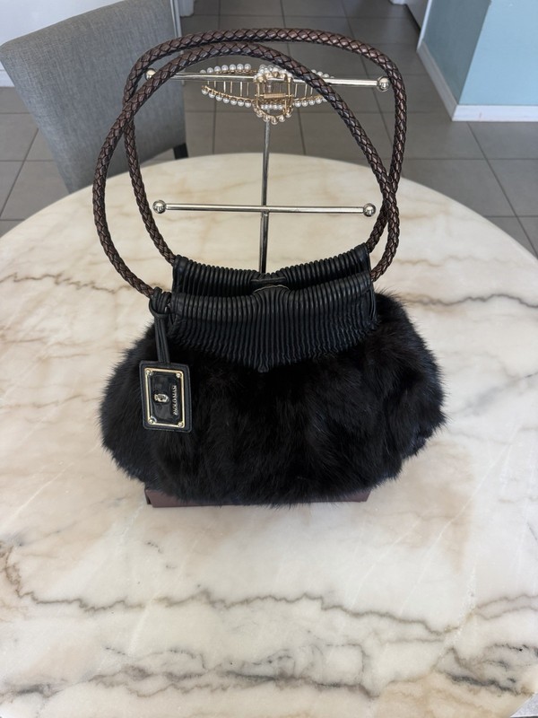 Black Mink Fur Genuine Leather Tote Handbag