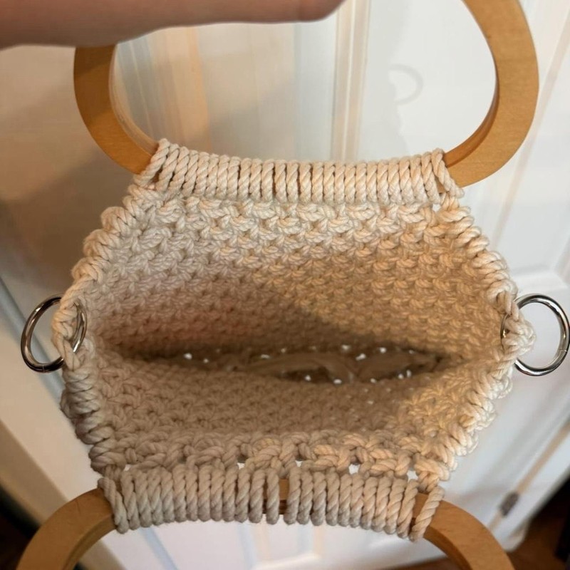 Beige Crochet Small Top Handle Bag Wooden Handle Lightweight Boho Women gallery