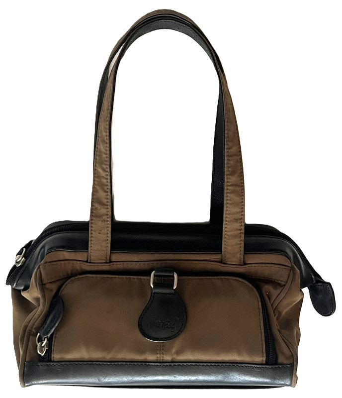 AMERIBAG Vintage Brown Nylon Black Leather Carry Handles Handbag Purse Womens