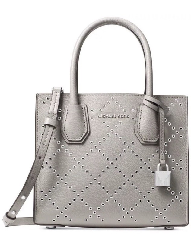 Michael Kors Mercer Medium Studded Grommet Messenger Crossbody Leather Bag Gray
