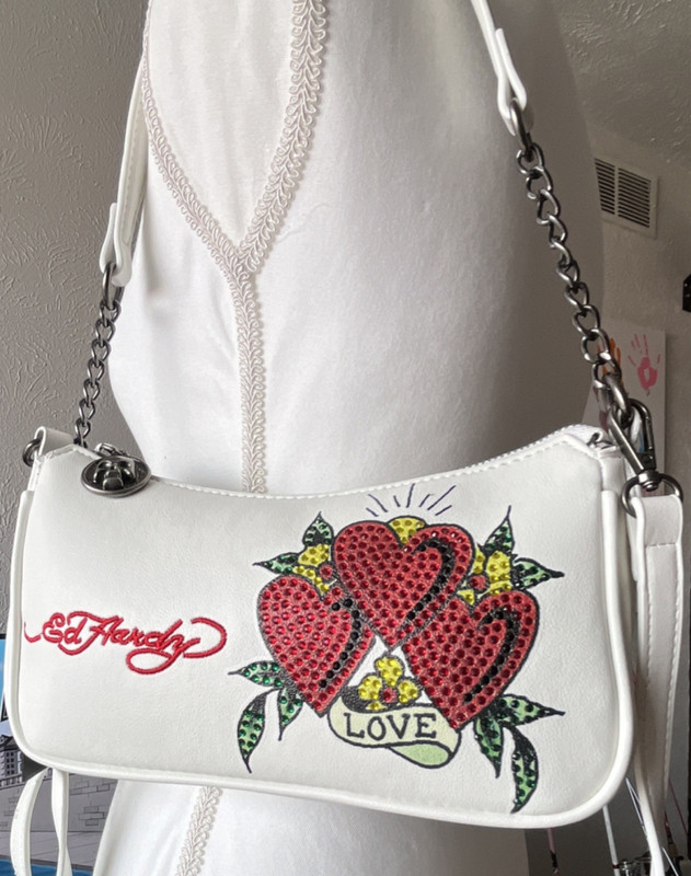 NWT Ed Hardy White Shoulder Bag with Heart & Love, Embroidered & Beaded Accents