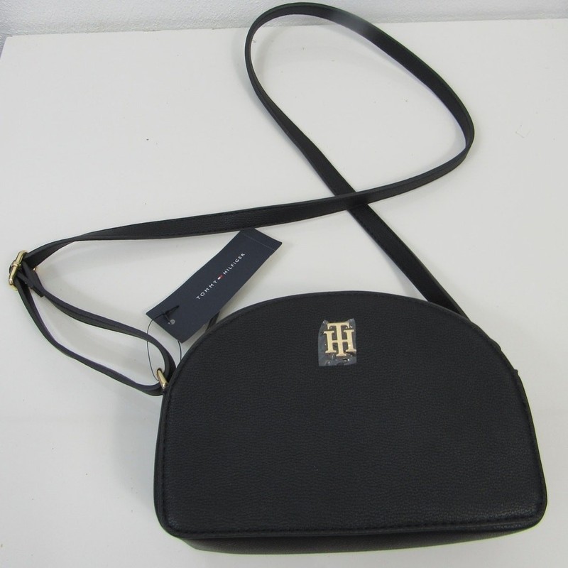 NWT Tommy Hilfiger Black Crossbody Bag Half Circle Moon Purse Adjustable Gold