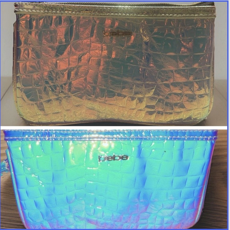 Bebe Iridescent Holographic Faux Croc Wristlet Clutch