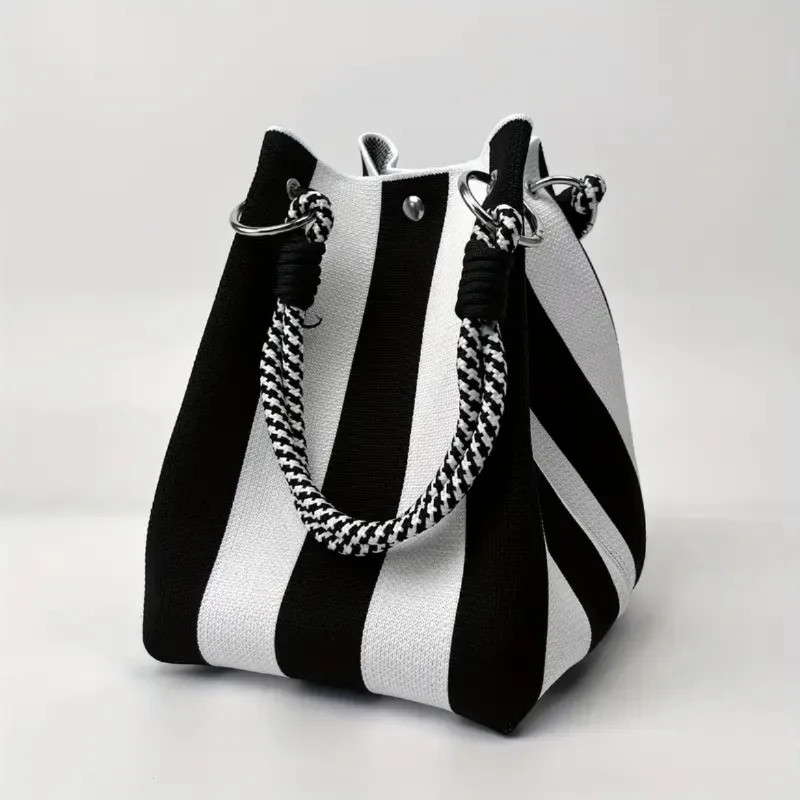 Stylish Striped Handbag, Chic Canvas Bucket Storage Tote Shoulder Bag for Women gallery