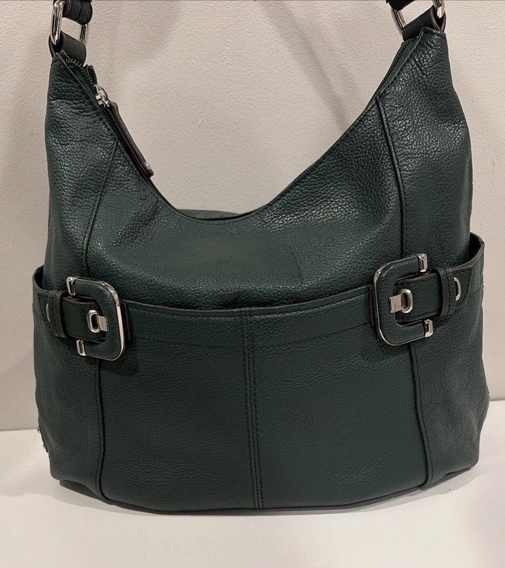 Tignanello Pebbled Leather Ellie Hobo Shoulder Bag Dark Green 8”x 14”