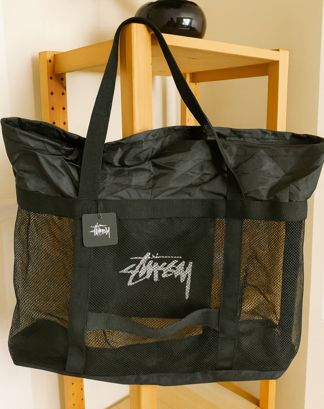 Stussy Black Mesh Beach Tote Bag Top Handle Handcarry Shopping Bag