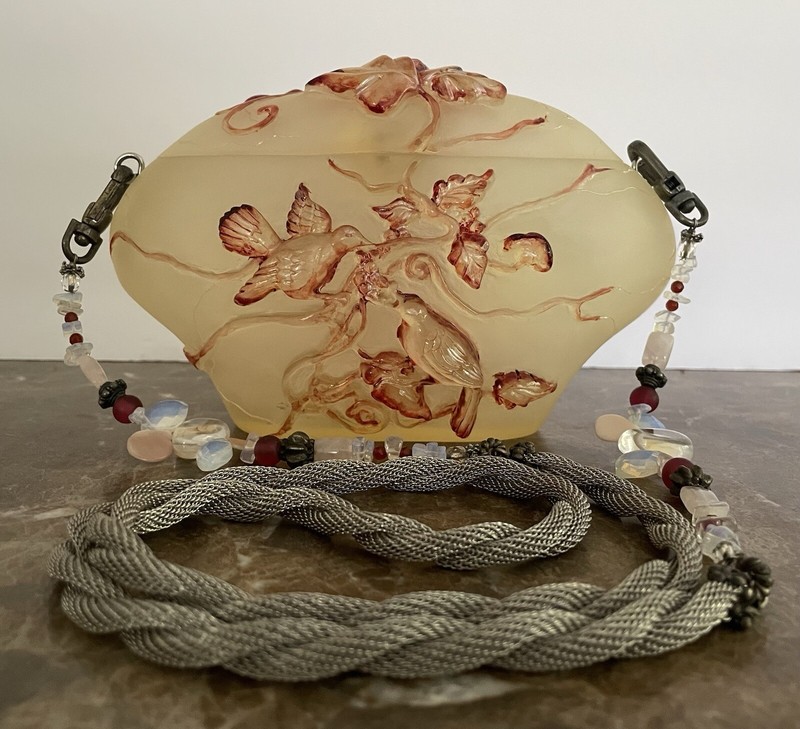Maya Evangelista Birds Branches 3D Red Frosted Resin Shoulder Bag Beaded Strap