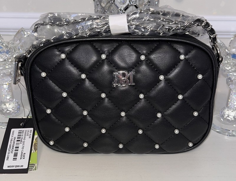 Badgley Mischka Quilted Pearl Stud Camera Bag Chain Strap Silver w/Pearl Accent