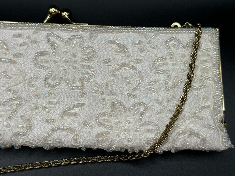 Vintage Off White Sequin Beaded Lace Evening Bag Gold Shoulder Strap La Regale