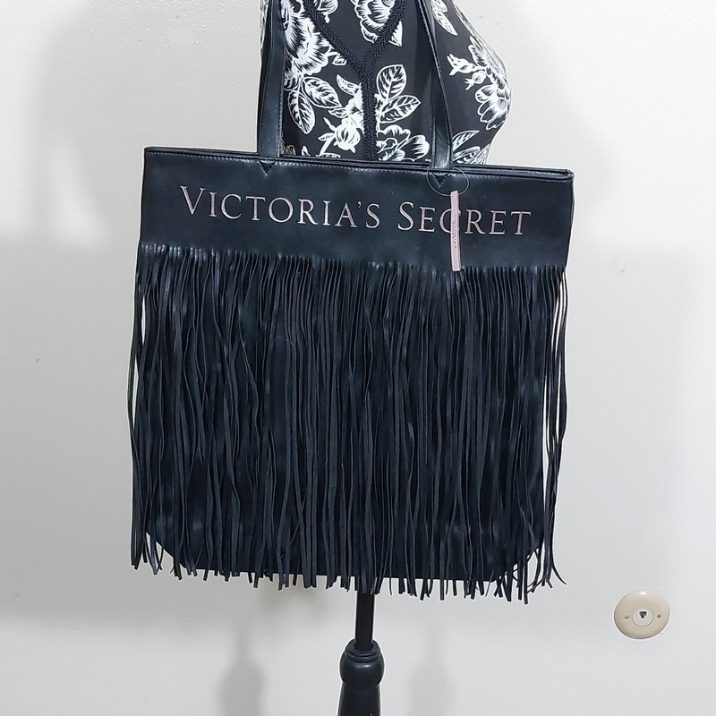 ICTORIA’S SECRET Black Fringe Tote Bag with Gold Logo 15×17