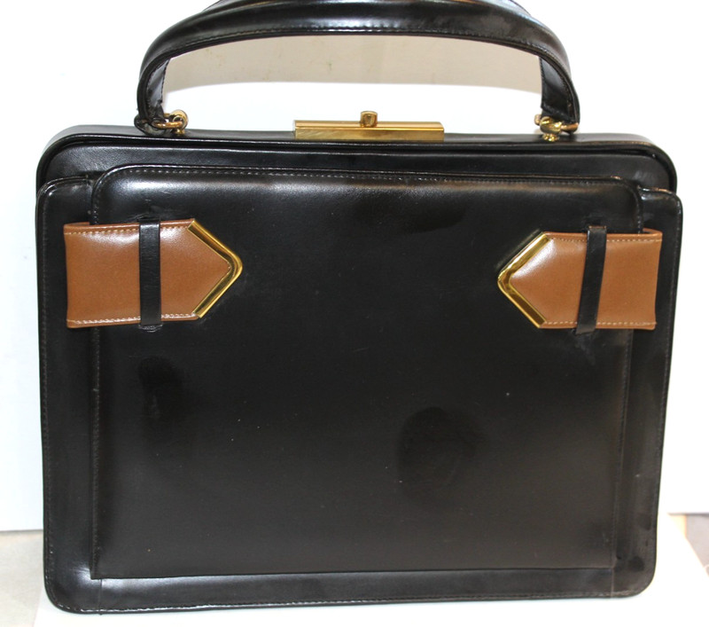 Vintage Mid Century 50’s 60’s Palizzio Leather Handbag Black Brown Purse Mirror