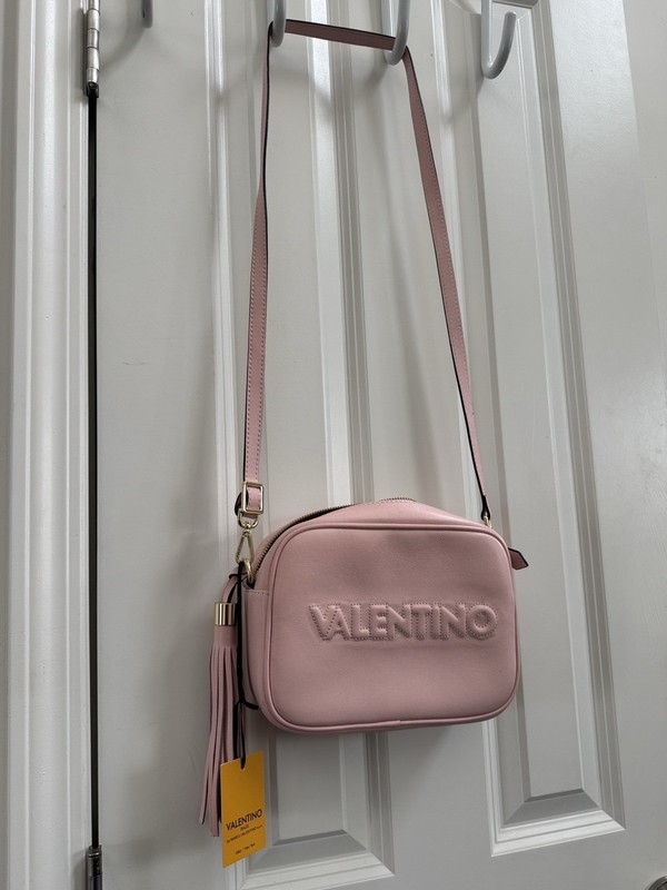 Valentino Pink Crossbody Bag Tassel Embossed Logo Zip Closure Gold Hardware gallery