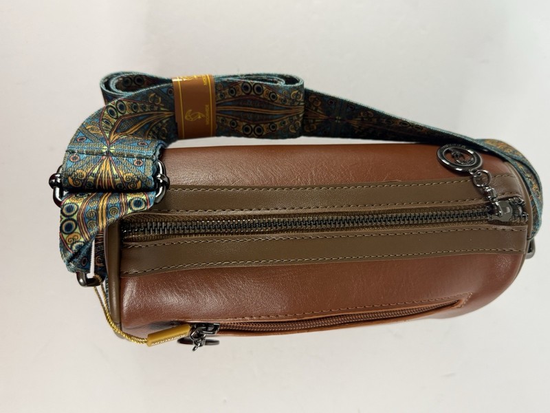 MDOXHIDE Leather Brown Shoulder Barrel Handbag Crossbody Patterned Fabric Strap gallery