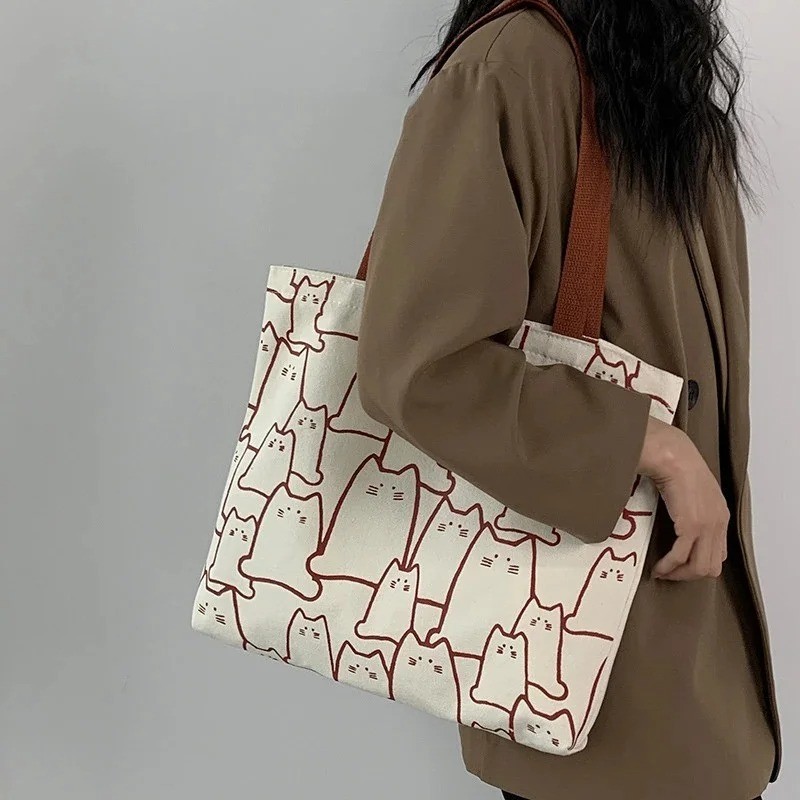 NEW CUTE CAT CANVAS TOTE SHOULDER BAG WITH ZIPPER KITTEN ALL OVER PRINT gallery