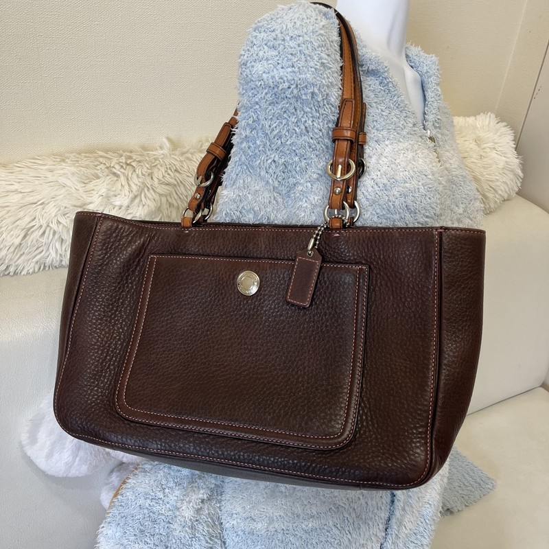 Vintage Coach Chelsea East West Tote Bag Brown Pebbled Leather Tan Trim 8A44