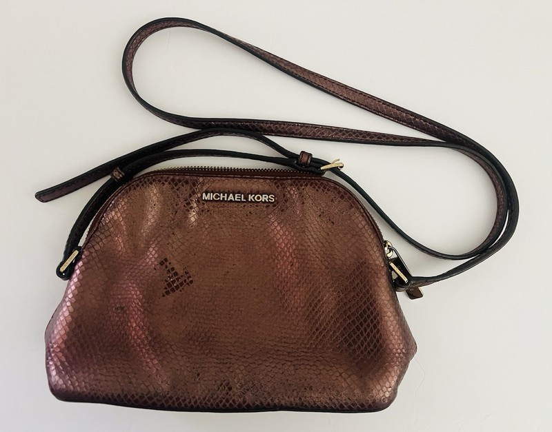 Michael Kors Metallic Snake Embossed Crossbody Bag Brown Bronze Gold Hardware