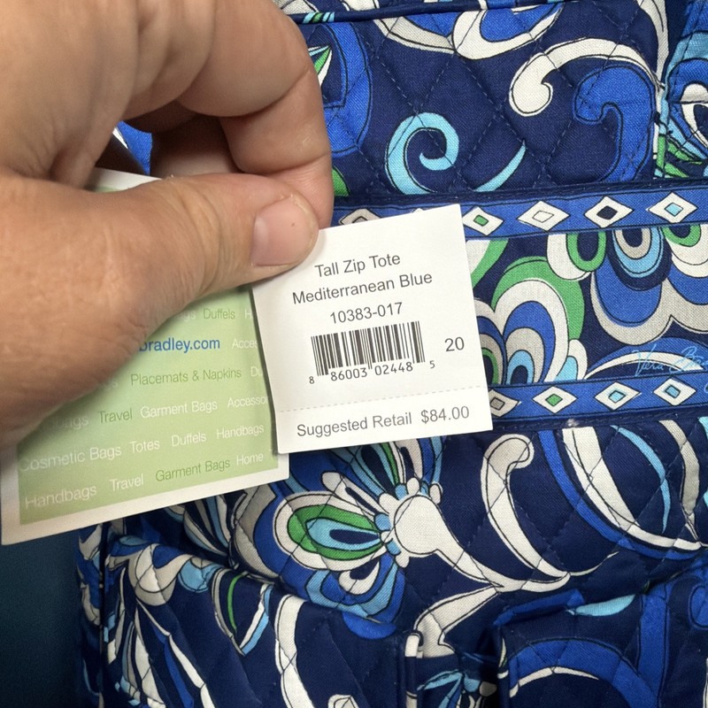 Vera Bradley Mediterranean Blue Tall Zip Tote Bag W/ Coin Purse NWT Retired gallery