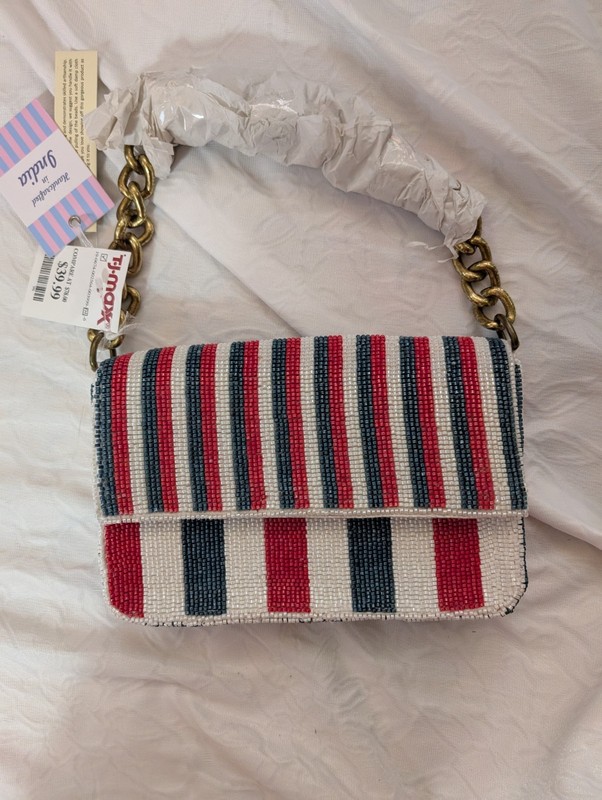 T.J.Maxx Beaded Striped Small Shoulder Bag Red White Blue Gold Chain Strap