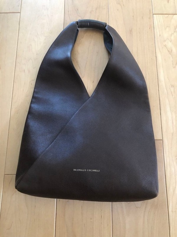 BRUNELLO CUCINELLI Dark Brown Leather Hobo Tote Shoulder Bag 35x52cm JAPAN
