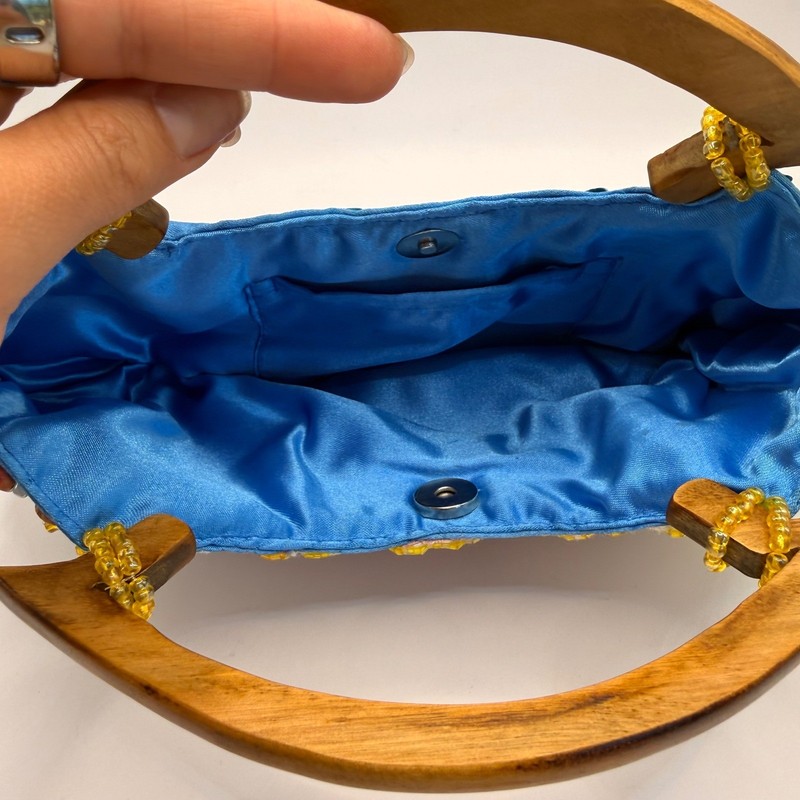 Boho Embroidered Beaded Handbag Blue Satin Floral Wood Handle Satchel Bag gallery