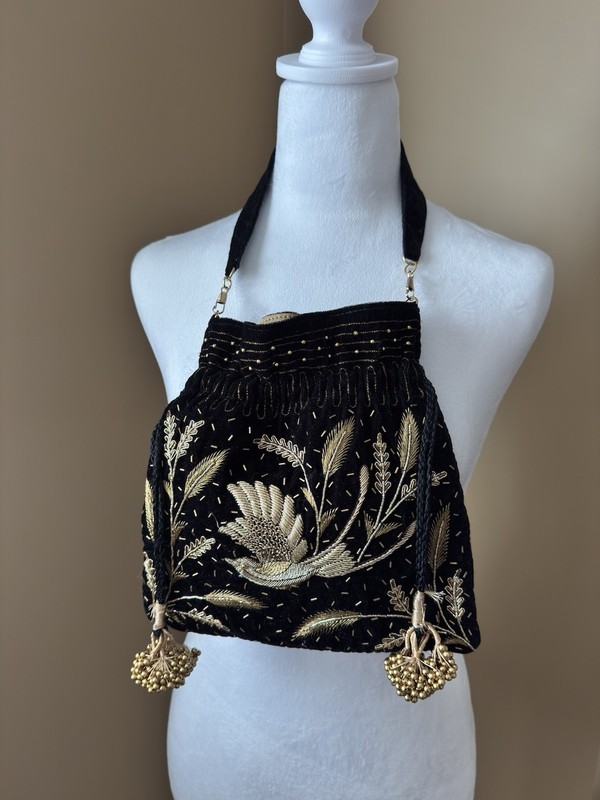 Embroidered Unique Black Velvet Mini Drawstring Bag with Gold Motif