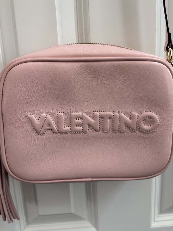 Valentino Pink Crossbody Bag Tassel Embossed Logo Zip Closure Gold Hardware gallery