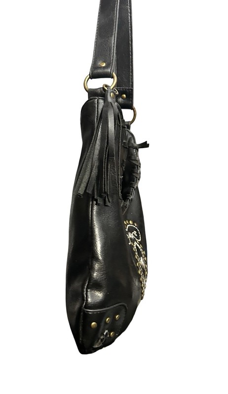 Mini Faux Leather Hobo Handbag Tote 10x9 Purse Fringe Charm Black Western Boho gallery