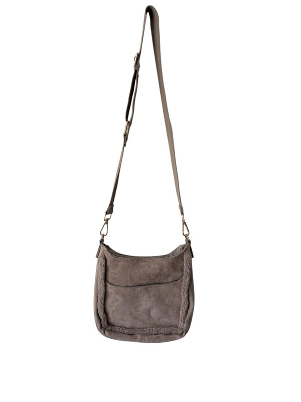 Ahdorned Sherpa Trim Micro Suede Crossbody Bag Purse Taupe