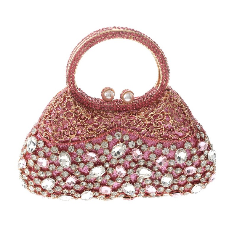 Gold Tone Alloy Metal Fashion Crystal Rhinestone Clutch Bag HB6289-PNK