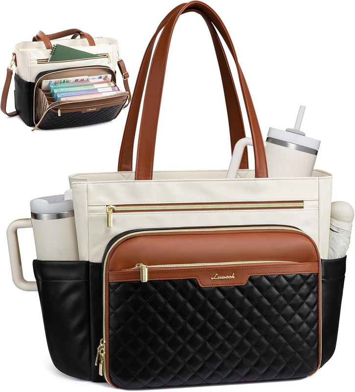 LOVEVOOK Teacher Tote Bag with Accordion File Pocket, Soft PU Leather Work Brief