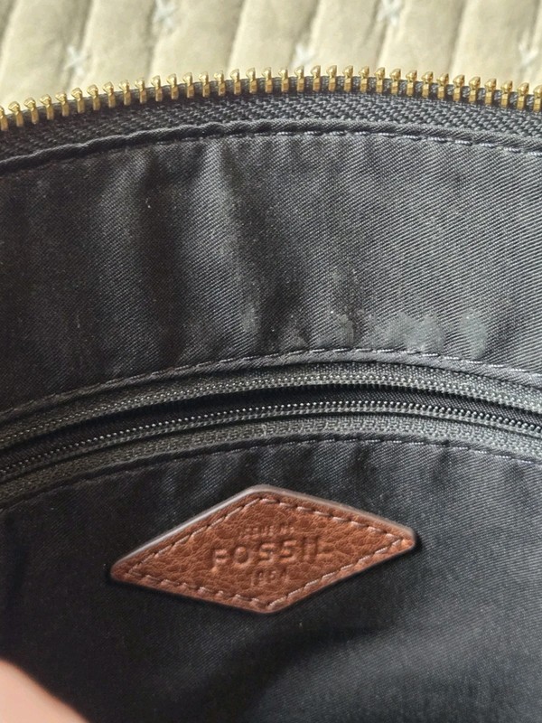 Fossil Vegan Leather Black with White Patterned Crossbody Bag Adjustable Strap gallery
