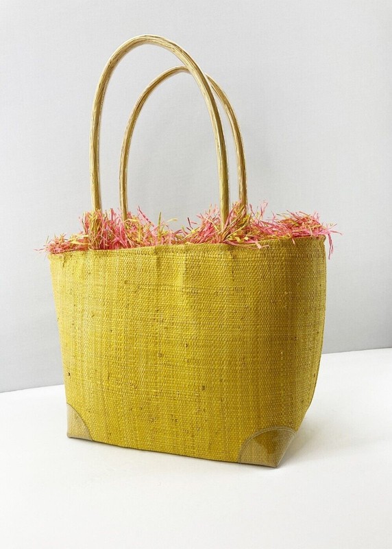 KALOES | Vintage Yellow Straw Bag Raffia Fringe Drawstring Closure Handbag-RARE!